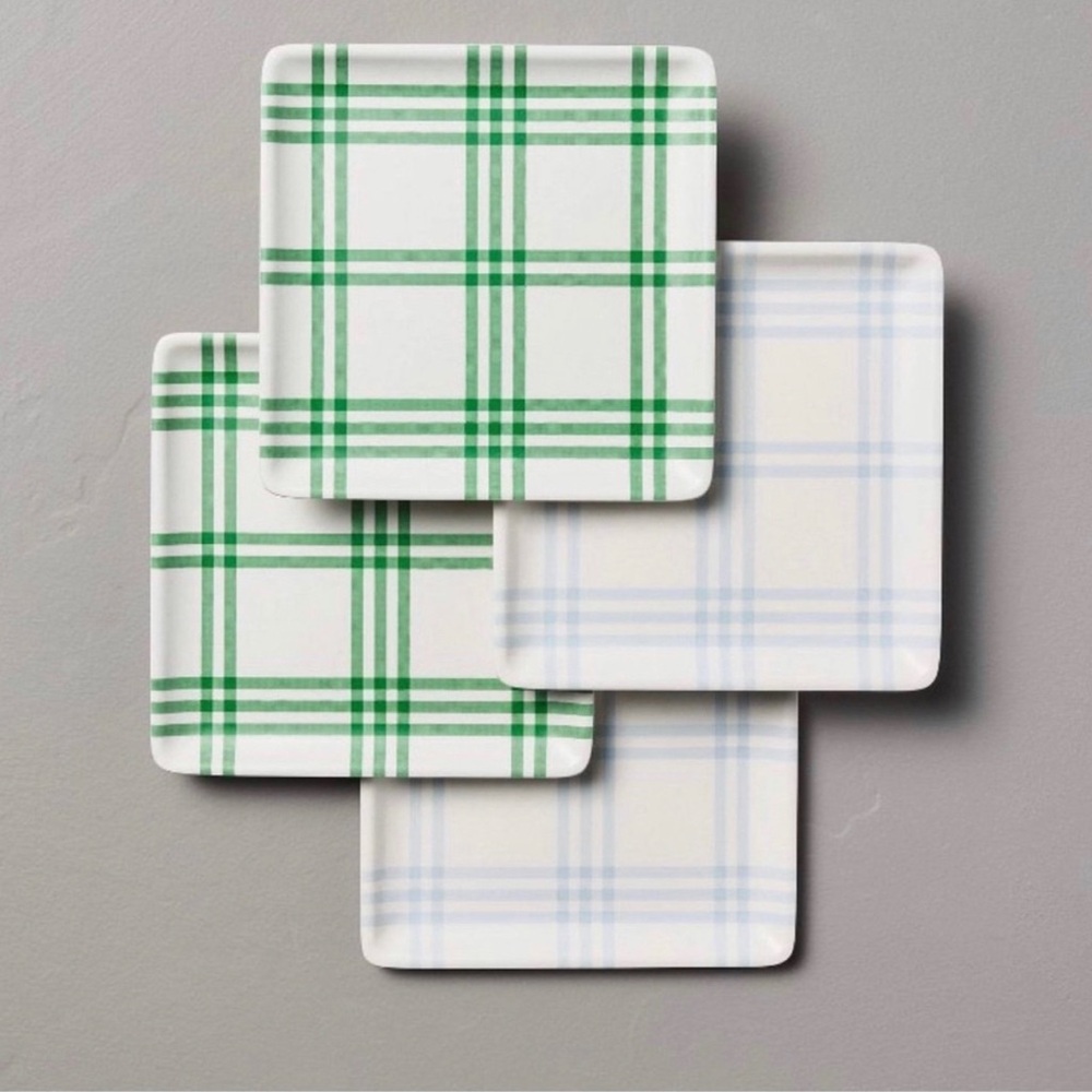 4pk Tri-Stripe Plaid Square Melamine Appetizer Plates Green/Blue - Hearth & Hand